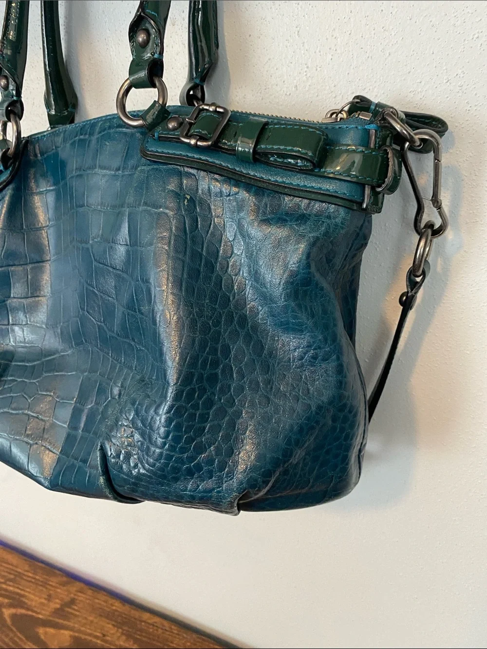 Coach Teal Croc-Embossed Leather Shoulder Bag with Dark Green Trim